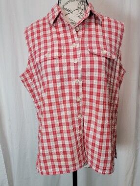 Vintage Hunt Club Red And White Plaid Sleevless Womans Button Up Shirt